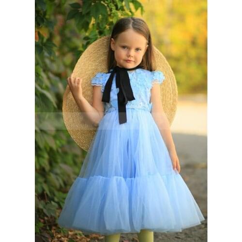 Sky Blue Lace Tulle Flower Girl Dress Cap Sleeve Children Tea Length Kids Clothes Birthday Party Gown