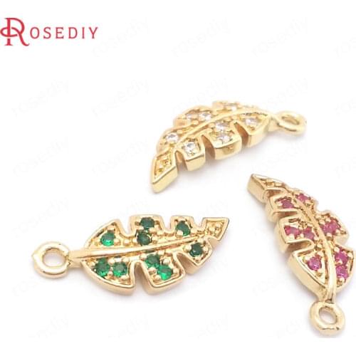 38535)10PCS 6.5x16MM 24K Champagne Gold Color Brass and Zircon Tree Leaves Charms Pendants High Quality Jewelry Making Supplies