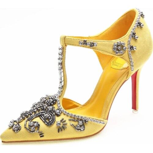 Glitter Rhinestone Beads Sewed T-Strap Pumps Crystal Buckle Pointed Toe Wedding Shoes Women Baroque Style Party High Heels