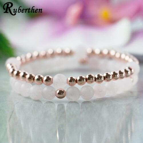 Ruberthen 6 mm Rose Quart z Rose Gold Color Beaded Bracelet Set Womens Pink Gem stone Bracelet Dainty Healing Crystals Bracelet