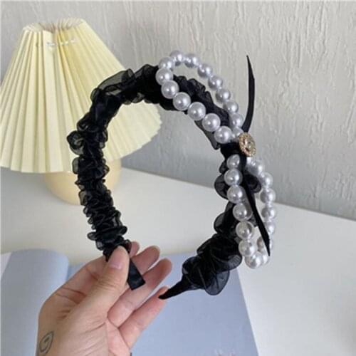 Pearls Bow Knotted Hairband Women New Hair Accessories Side Bow Headbands Solid Handmade Mesh Pleated Hair Hoop Girls Head Band