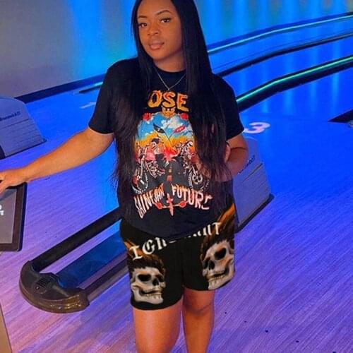 Moto Vintage Skull Print 2-Pieces Sets Tracksuit Women 2021 Summer New Black T Shirts Shorts Female Suits Casual Teen Harajuku