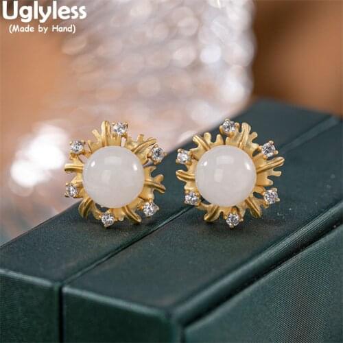 Uglyless Gold Blooming Flowers Studs Earrings for Women 925 Silver Earrings Amber Jade Brincos Crystals Floral Jewelry Lamber