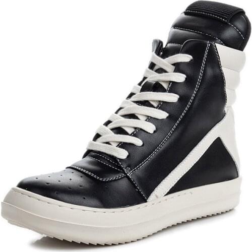 Unisex High-Top Ankle Leather Sneakers Luxury Women Boots High Street Casual Lace-Up Zip Flat Black White Shoes Chaussure Femme