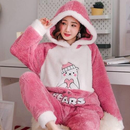 Winter Pajamas Set Women Sleepwear Thick Warm Flannel Long Sleeves Nightwear Animal Pajamas Pink Cute Homewear Velvet Home Suit