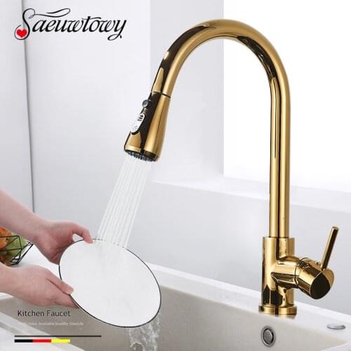 Golden Kitchen Faucet Deck Mount Sink Faucet With Sprinkler Pull Out Mixer Tap 360° Rotate Taps Hot Cold Water Mixers Crane