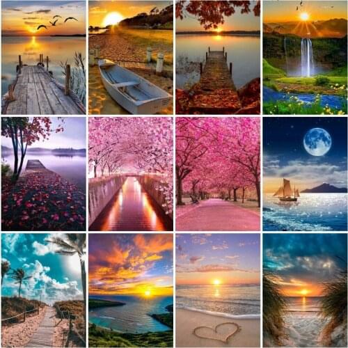 AZQSD 5D Diamond Embroidery Moon Sunset Tree Seaside Mosaic Handmade Gift Diamond Painting Landscape Home Decoration Needlework