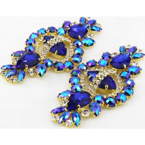 1PCS shiny crystal with Gold metal base for women fashion clothese decorations Blue candy shape rhinetone applique