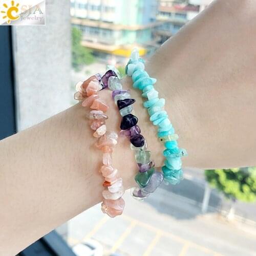 CSJA Natural Crystal Stone Bracelet Reiki Chip Gravel Semi-precious Bracelets Fluorite Amazonite Bangle for Women Semijoias G756