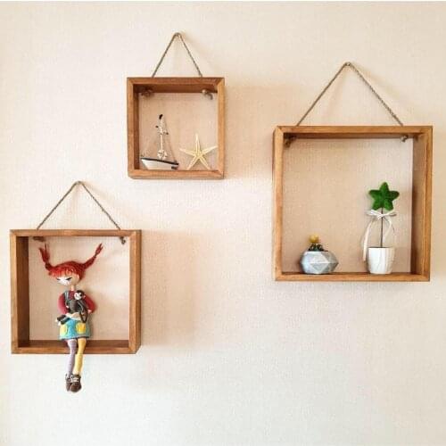 Decorative Wall Rack Wood Square Wire Rope Bookcase Triple Rack