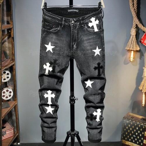 Male Jeans Mens Jean Homme Denim Slim Pants Trousers Black Biker Ripped Jeans For Men Embroidered Cross Medal Straight Pants