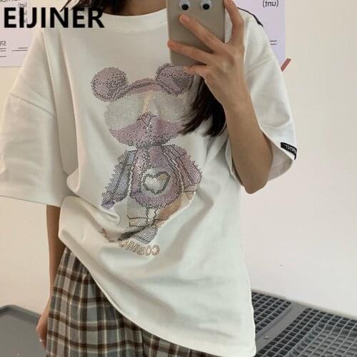 Hot Rhinestone Kawaii Cartoon Bear White Short Sleeve T-shirt Women 2021 Summer Korean Plus Size Harajuku crewneck Streetwear