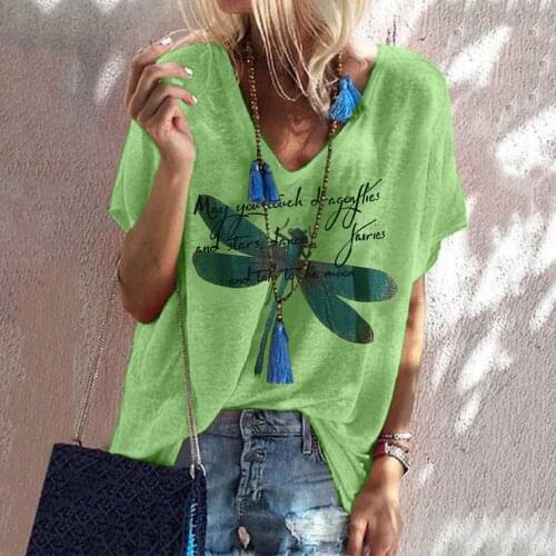 Dragonfly Print Womens T-Shirt Fashion Plus Size V-Neck Top Woman Summer Top Loose Short Sleeve T-Shirt Harajuku Tops Tee