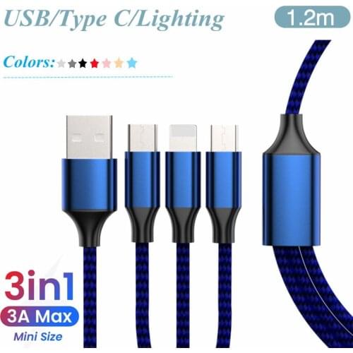 10 Colors 3-in-1 Data Cable USB/Type C/Lighting Braided 3A 1.2M Fast Charge Charging Line Phone Accessories