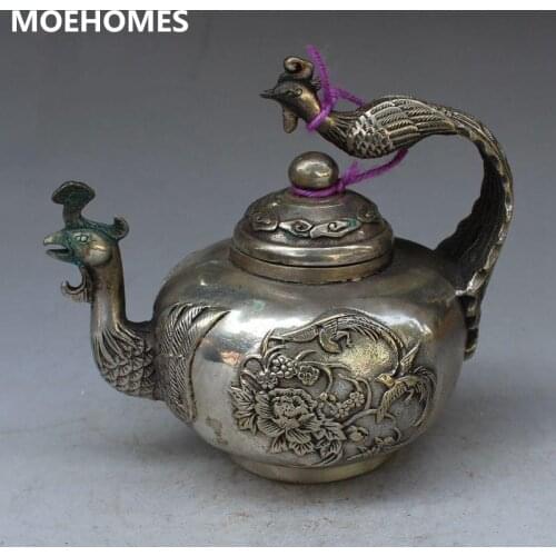 Chinese ancient Tibet silver phoenix statue decoration kettle wine pot teapot metal crafts home decoration