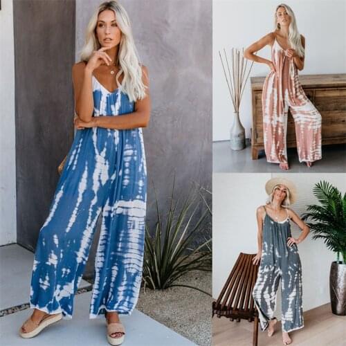 Woman Loose Rompers Sleeveless Gradient Jumpsuit V-neck Strap Wide Leg Pants Female Jumpsuits Ladies Casual Clothes Harajuku