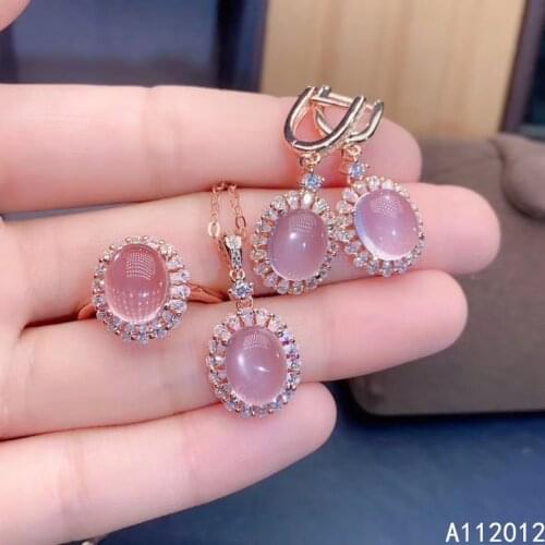 KJJEAXCMY fine jewelry natural Rose Quartz 925 sterling silver luxury girl new pendant necklace ring earrings set support test