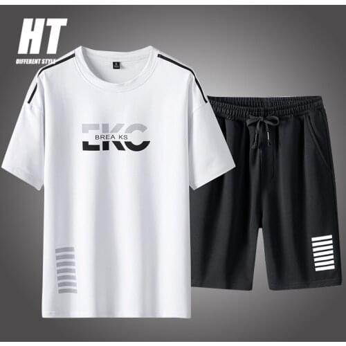Short Sleeve Set Men Solid Tracksuit Set Summer Fashion Print T-Shirt+Shorts 2 PC Jogger Fitness Suit Male Clothing Streetwear