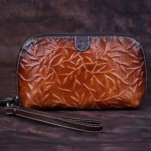 New Women Clutch Purse ID Credit Cards Clips Mobile Phone Case Female Money Bag Embossed Wrist Bags Genuine Leather Long Wallets