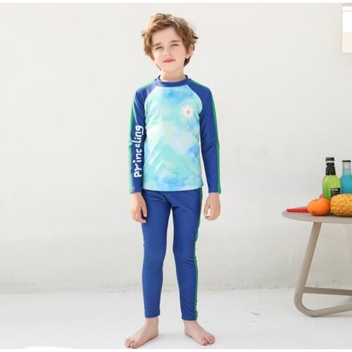 New Boy Two Pieces Suit Swimsuit 4-15 Year Children Long Sleeve Trousers Surf Beachwear Kid Print Swimwear Baby Bathing Suit