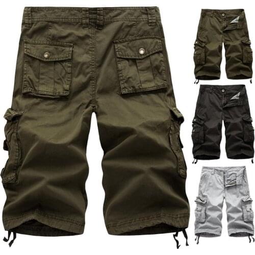 Men Casual Summer Solid Color Multi Pockets Fifth Cargo Pants Loose Beach Shorts