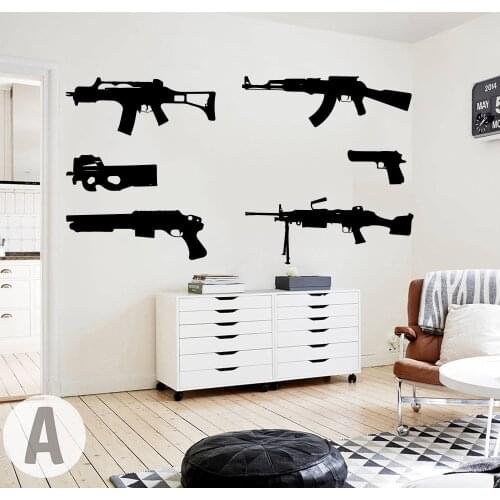 Set Of 6 Guns Wall Decal Kids Room Boy Room Ak 47 Weapon Army Solider Military Wall Sticker Bedroom Play Room Vinyl Home Decor