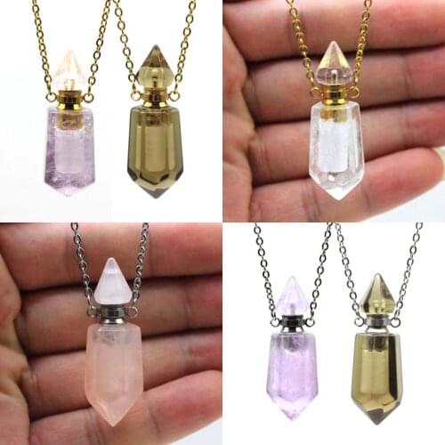 Natural Gems Stone Faceted Prism Perfume Bottle Pendants Necklace Cut Hexagon Points Crystal Essential Oil Diffuser Vial Charms