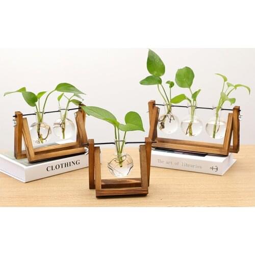 2021 New Terrarium Creative Hydroponic Plant Vase Wooden Frame Transparent vase Glass Tabletop Plant Bonsai Decor flower vase