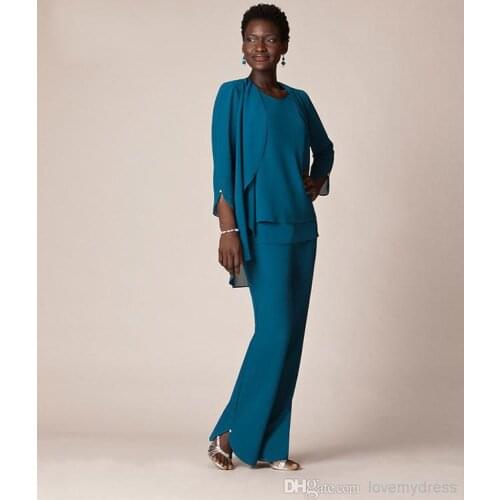 New Chiffon Three Pieces Prom Party Gown Mother Of The Bride Pant Suits Trousers Suits Lace Three Quarter Custom green custom