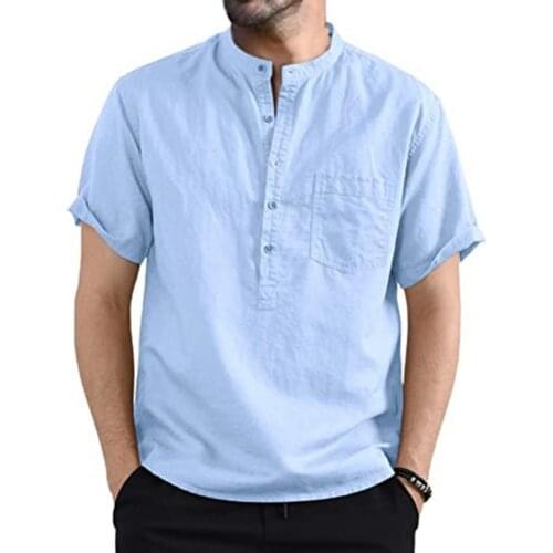 2021 Men Shirts Cotton Linen Button Down Stand-Up Collar Summer Short Sleeve Loose Blouse Plain Over sized Shirt with Pocket