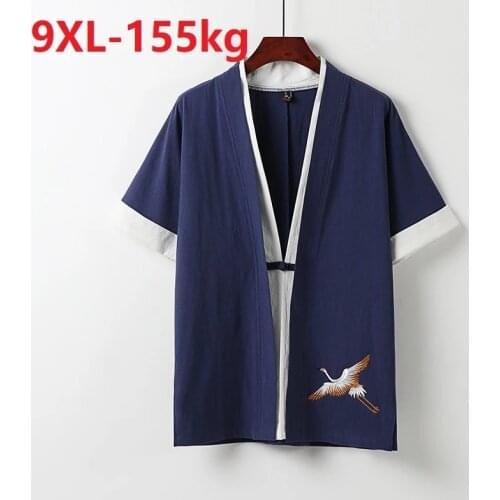 Summer men japanese style shirts home wear Short Sleeve linen cotton embroidery crane Comfortable plus size 8XL 9XL 68 70 shirtS
