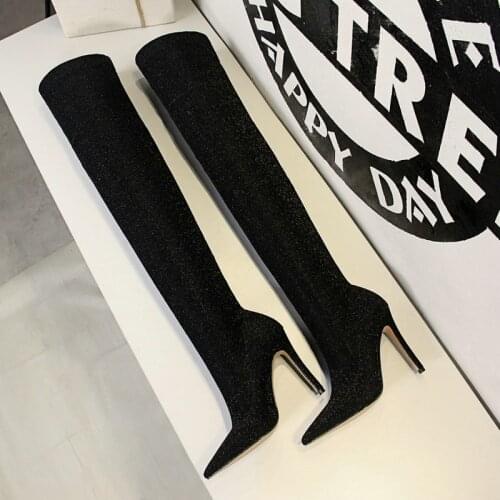 Pointed Toe Slim Sexy Thigh High Boots Women Sequined Design Fashion High Heel Elastic Winter Boots Ladies Shoes 125-2