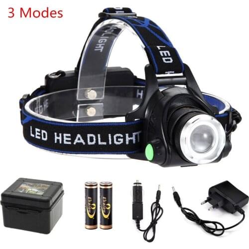 2000LM Led Headlamp XML-T6 Zoomable Headlight Head Torch flashlight Head lamp for Fishing +2* battery+Car charger+ charger