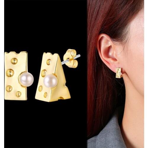 Cheese Wedge Stud Earrings for Women Geometric Triangle Charm Pearl Earrings Statement Tiny Jewelry