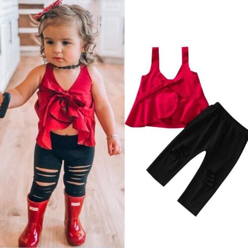 1-6Years Fashion Toddler Kids Girls Summer Clothes 2pcs Irregular Ruffles Sleeveless Vest Tops+Hole Long Pants Casual Sets