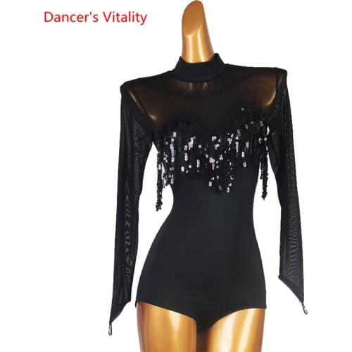Latin Dance High-end Sequined Body Suit Long-Sleeved Modern Dancing Onesies Ballroom Dancewear Profession Custom Practice Top