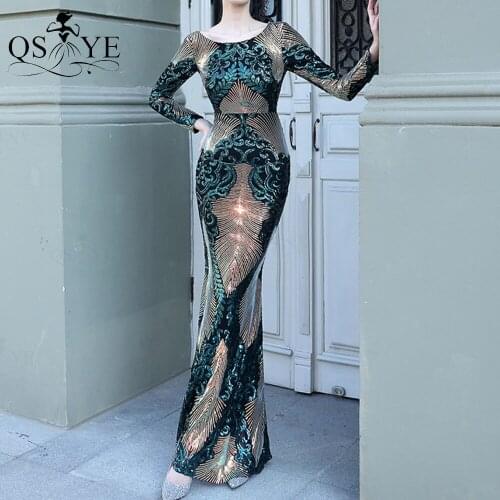 QSYYE Green Evening Dress Long Sleeves Glitter Mermaid Evening Gown Sexy Irregular Party Dress Sequin Tail Open BackFormal Dress