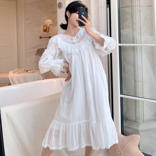 Women White Sweet Ruffles Trim Nightdress Spring Summer New Lace Cotton Nightgown Long Sleepwear Lantern Sleeve Nightwear