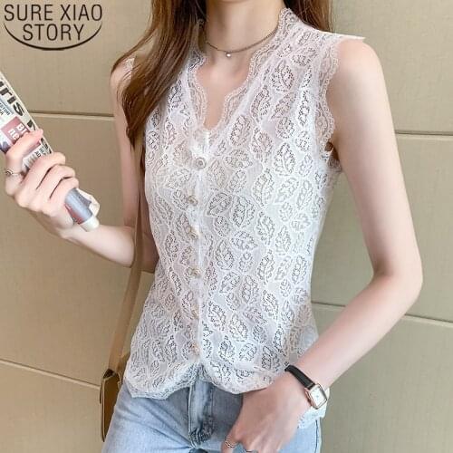 Sleeveless Lace Shirt Women Blouse 2021 Summer Korean V-Neck Women Tops Plus Size Hollow Out Lace Blouse Button Shirt 13987