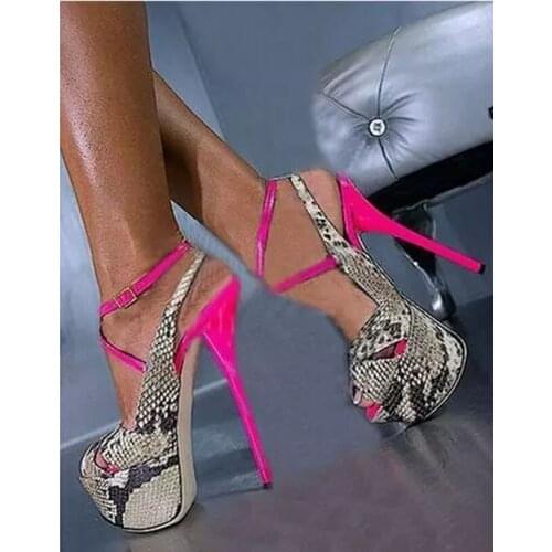 Ladies Sexy Platform Sandals Women Snakeskin Pink High Heels Mixed Colors Buckle Stilettos Women Pumps Shoes Sapato Feminino