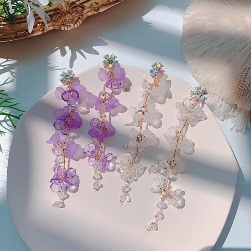 Boho White Purple Flower Tassel Long Drop Earrings For Women 2020 Summer New Trends Jewelry Pendientes