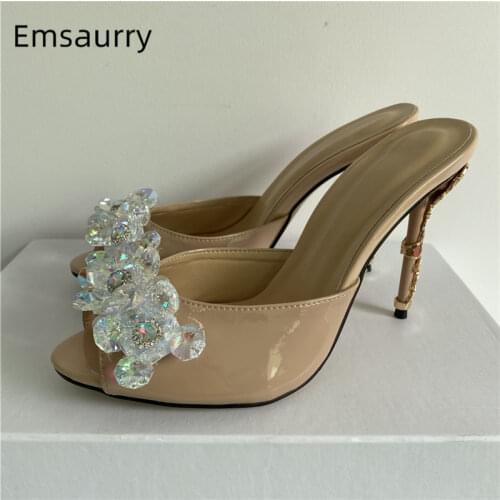 Luxury Rhinestone Flower Runway Mules For Girls Metal Petal Decor Thin High Heels Peep Toe Slingbacks Sandals Women Summer