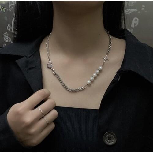 2020 New Niche Design Imitation Pearl Heart Cross Choker Necklaces for Women Female Titanium Steel Linked Chain Pendant Necklace