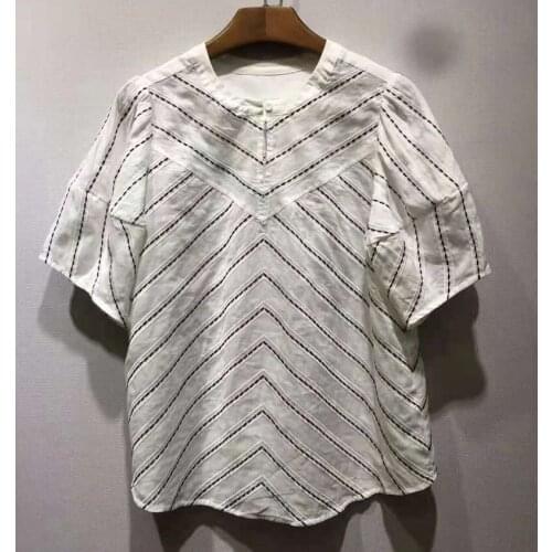 High Quality Linen Tops 2021 Autumn Women Striped Patterns Short Sleeve Casual White Black Tops Blouse Female Vintage Tops XL