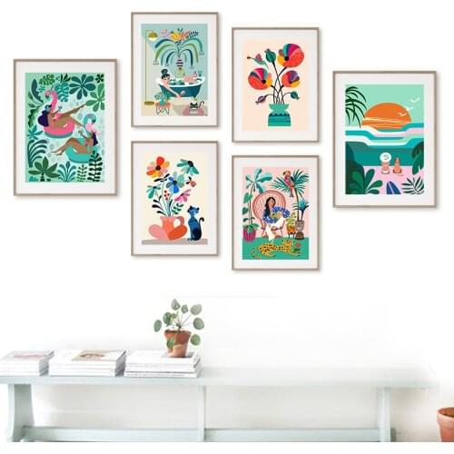 Abstract Summer Girl Animal Wall Art Tropical Plants Flower Canvas Painting Colorful Posters and Prints Picture Home Decoration