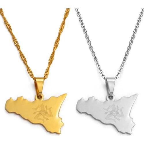 Anniyo Italy Sicily Map Pendant Necklaces,Stainless Steel/Gold Color Italian Sicilia Jewelry Gifts #025121