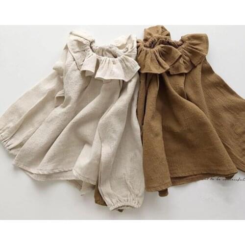 Girls' Cotton And Linen Ruffled Round Neck Long-Sleeved Blouse Japanese Autumn New Childrens Solid Color Casual Shirts WT022