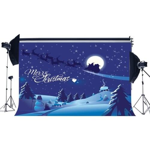 Photography Backdrop Merry Christmas Tree Rustic Village Snowman Bokeh Halos Gliiter Stars Santa Claus Snow Covered Landscape