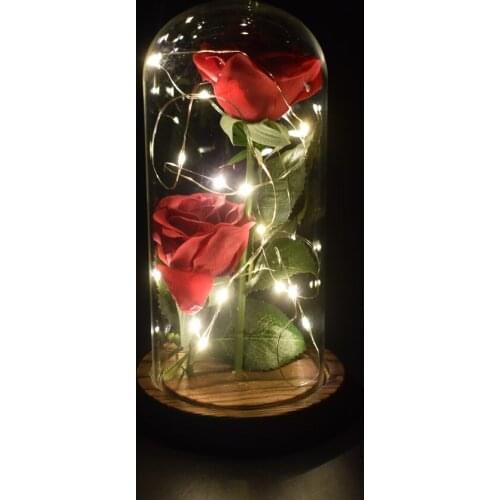 Hot Beauty And The Beast Red Rose Double Artificial Flowers Rose In Glass Dome Wooden Base Valentines Day Christmas Gift