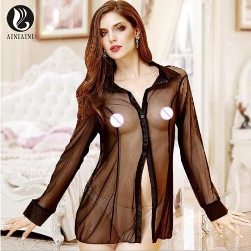 Hyaline Intimate Product Summer Sexy Shirt Erotico Lingerie Fascinate Button Longsleeves Nightgown Loose Collar Nightdress T1101
